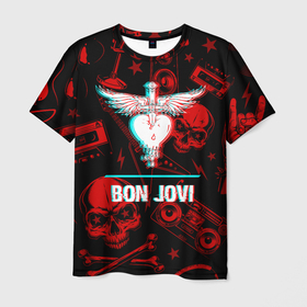 Мужская футболка 3D с принтом Bon Jovi rock glitch в Петрозаводске, 100% полиэфир | прямой крой, круглый вырез горловины, длина до линии бедер | Тематика изображения на принте: 