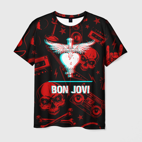 Мужская футболка 3D с принтом Bon Jovi rock glitch в Екатеринбурге, 100% полиэфир | прямой крой, круглый вырез горловины, длина до линии бедер | Тематика изображения на принте: 