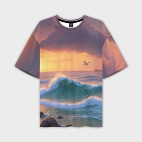 Мужская футболка oversize 3D с принтом Море, волны, чайки в Санкт-Петербурге,  |  | 