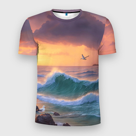 Мужская футболка 3D Slim с принтом Море, волны, чайки в Екатеринбурге, 100% полиэстер с улучшенными характеристиками | приталенный силуэт, круглая горловина, широкие плечи, сужается к линии бедра | 