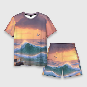 Мужской костюм с шортами 3D с принтом Море, волны, чайки ,  |  | 