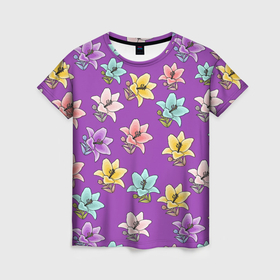 Женская футболка 3D с принтом Разноцветные лилии цветы в Тюмени, 100% полиэфир ( синтетическое хлопкоподобное полотно) | прямой крой, круглый вырез горловины, длина до линии бедер | 