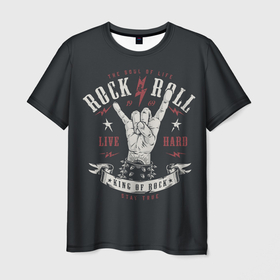 Мужская футболка 3D с принтом Rock and roll   жест козы в Кировске, 100% полиэфир | прямой крой, круглый вырез горловины, длина до линии бедер | 