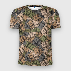 Мужская футболка 3D Slim с принтом Камуфляж с банкнотой в 100 долларов в Санкт-Петербурге, 100% полиэстер с улучшенными характеристиками | приталенный силуэт, круглая горловина, широкие плечи, сужается к линии бедра | 