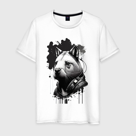 Мужская футболка хлопок с принтом Капибара в наушниках   нейросеть в Петрозаводске, 100% хлопок | прямой крой, круглый вырез горловины, длина до линии бедер, слегка спущенное плечо. | 