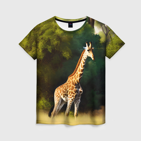 Женская футболка 3D с принтом Жираф на фоне деревьев , 100% полиэфир ( синтетическое хлопкоподобное полотно) | прямой крой, круглый вырез горловины, длина до линии бедер | 