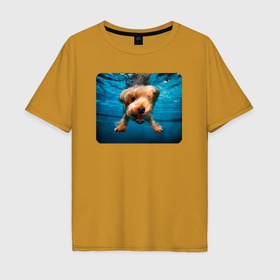 Мужская футболка хлопок Oversize с принтом Пёсик под водой в Тюмени, 100% хлопок | свободный крой, круглый ворот, “спинка” длиннее передней части | Тематика изображения на принте: 