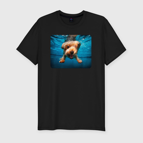 Мужская футболка хлопок Slim с принтом Пёсик под водой в Тюмени, 92% хлопок, 8% лайкра | приталенный силуэт, круглый вырез ворота, длина до линии бедра, короткий рукав | Тематика изображения на принте: 