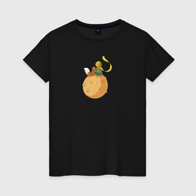Женская футболка хлопок с принтом Маленький принц и Лис на луне в Тюмени, 100% хлопок | прямой крой, круглый вырез горловины, длина до линии бедер, слегка спущенное плечо | 