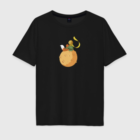 Мужская футболка хлопок Oversize с принтом Маленький принц и Лис на луне в Тюмени, 100% хлопок | свободный крой, круглый ворот, “спинка” длиннее передней части | Тематика изображения на принте: 