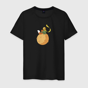 Мужская футболка хлопок с принтом Маленький принц и Лис на луне в Тюмени, 100% хлопок | прямой крой, круглый вырез горловины, длина до линии бедер, слегка спущенное плечо. | 