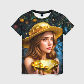 Женская футболка 3D с принтом Девушка собирает золотые яблоки в Петрозаводске, 100% полиэфир ( синтетическое хлопкоподобное полотно) | прямой крой, круглый вырез горловины, длина до линии бедер | 
