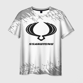 Мужская футболка 3D с принтом SsangYong speed на светлом фоне со следами шин в Белгороде, 100% полиэфир | прямой крой, круглый вырез горловины, длина до линии бедер | Тематика изображения на принте: 