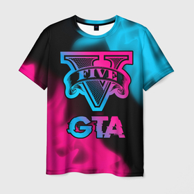 Мужская футболка 3D с принтом GTA   neon gradient в Курске, 100% полиэфир | прямой крой, круглый вырез горловины, длина до линии бедер | 