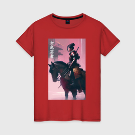 Женская футболка хлопок с принтом Онна бугэйся  конная девушка самурай   нейросеть в Белгороде, 100% хлопок | прямой крой, круглый вырез горловины, длина до линии бедер, слегка спущенное плечо | 