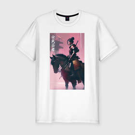 Мужская футболка хлопок Slim с принтом Онна бугэйся  конная девушка самурай   нейросеть , 92% хлопок, 8% лайкра | приталенный силуэт, круглый вырез ворота, длина до линии бедра, короткий рукав | 