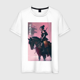 Мужская футболка хлопок с принтом Онна бугэйся  конная девушка самурай   нейросеть в Белгороде, 100% хлопок | прямой крой, круглый вырез горловины, длина до линии бедер, слегка спущенное плечо. | 