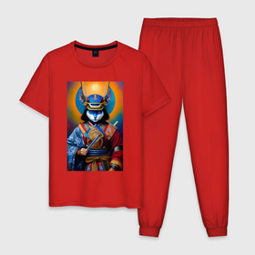 Мужская пижама хлопок с принтом Кот самурай   нейросеть в Белгороде, 100% хлопок | брюки и футболка прямого кроя, без карманов, на брюках мягкая резинка на поясе и по низу штанин
 | 