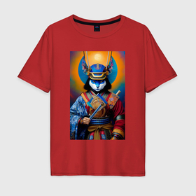 Мужская футболка хлопок Oversize с принтом Кот самурай   нейросеть в Белгороде, 100% хлопок | свободный крой, круглый ворот, “спинка” длиннее передней части | 