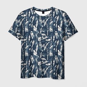 Мужская футболка 3D с принтом Абстрактный узор с сине белыми элементами в Кировске, 100% полиэфир | прямой крой, круглый вырез горловины, длина до линии бедер | 