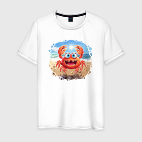 Мужская футболка хлопок с принтом Летняя радость краба в Петрозаводске, 100% хлопок | прямой крой, круглый вырез горловины, длина до линии бедер, слегка спущенное плечо. | 