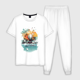 Мужская пижама хлопок с принтом Шар на фоне моря в Петрозаводске, 100% хлопок | брюки и футболка прямого кроя, без карманов, на брюках мягкая резинка на поясе и по низу штанин
 | Тематика изображения на принте: 