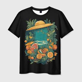 Мужская футболка 3D с принтом Море фрукты и шляпка в Тюмени, 100% полиэфир | прямой крой, круглый вырез горловины, длина до линии бедер | 