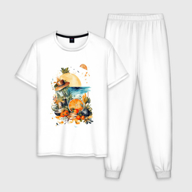Мужская пижама хлопок с принтом летние  фрукты в Тюмени, 100% хлопок | брюки и футболка прямого кроя, без карманов, на брюках мягкая резинка на поясе и по низу штанин
 | 