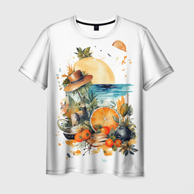 Мужская футболка 3D с принтом Летние   фрукты в Тюмени, 100% полиэфир | прямой крой, круглый вырез горловины, длина до линии бедер | 