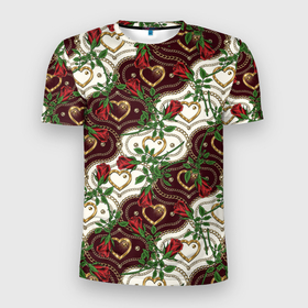 Мужская футболка 3D Slim с принтом Романтика   сердечки и розы в Новосибирске, 100% полиэстер с улучшенными характеристиками | приталенный силуэт, круглая горловина, широкие плечи, сужается к линии бедра | Тематика изображения на принте: 