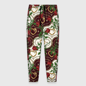 Мужские брюки 3D с принтом Романтика   сердечки и розы в Санкт-Петербурге, 100% полиэстер | манжеты по низу, эластичный пояс регулируется шнурком, по бокам два кармана без застежек, внутренняя часть кармана из мелкой сетки | 