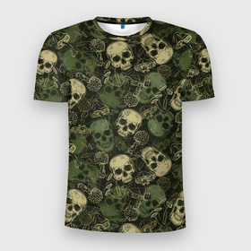 Мужская футболка 3D Slim с принтом Камуфляж с черепами и грибами в Санкт-Петербурге, 100% полиэстер с улучшенными характеристиками | приталенный силуэт, круглая горловина, широкие плечи, сужается к линии бедра | 