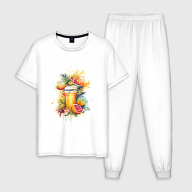 Мужская пижама хлопок с принтом Летний  коктейль в Петрозаводске, 100% хлопок | брюки и футболка прямого кроя, без карманов, на брюках мягкая резинка на поясе и по низу штанин
 | 