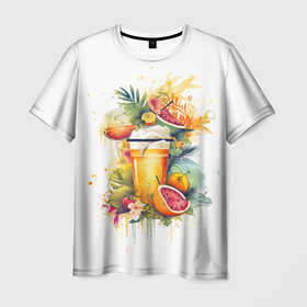 Мужская футболка 3D с принтом летний коктейль и брызги в Петрозаводске, 100% полиэфир | прямой крой, круглый вырез горловины, длина до линии бедер | Тематика изображения на принте: 
