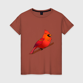 Женская футболка хлопок с принтом Птица красный кардинал в Петрозаводске, 100% хлопок | прямой крой, круглый вырез горловины, длина до линии бедер, слегка спущенное плечо | 