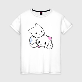 Женская футболка хлопок с принтом Два белых котёнка в Тюмени, 100% хлопок | прямой крой, круглый вырез горловины, длина до линии бедер, слегка спущенное плечо | 