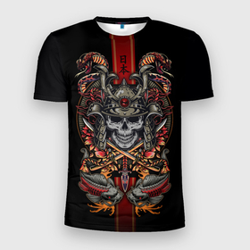 Мужская футболка 3D Slim с принтом Samurai skull в Екатеринбурге, 100% полиэстер с улучшенными характеристиками | приталенный силуэт, круглая горловина, широкие плечи, сужается к линии бедра | 