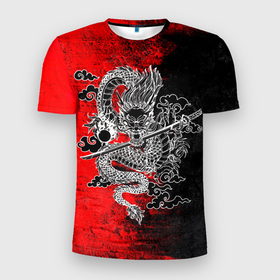 Мужская футболка 3D Slim с принтом Дракон с катаной в Петрозаводске, 100% полиэстер с улучшенными характеристиками | приталенный силуэт, круглая горловина, широкие плечи, сужается к линии бедра | 