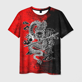 Мужская футболка 3D с принтом Дракон с катаной в Петрозаводске, 100% полиэфир | прямой крой, круглый вырез горловины, длина до линии бедер | 