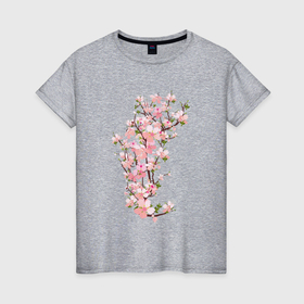 Женская футболка хлопок с принтом Цветущая ветка вишни , 100% хлопок | прямой крой, круглый вырез горловины, длина до линии бедер, слегка спущенное плечо | 