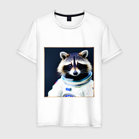 Мужская футболка хлопок с принтом Енот космонавт в Кировске, 100% хлопок | прямой крой, круглый вырез горловины, длина до линии бедер, слегка спущенное плечо. | 