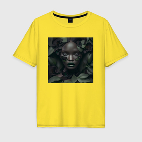 Мужская футболка хлопок Oversize с принтом Чернокожая девушка в цветах   нейросеть в Новосибирске, 100% хлопок | свободный крой, круглый ворот, “спинка” длиннее передней части | Тематика изображения на принте: 