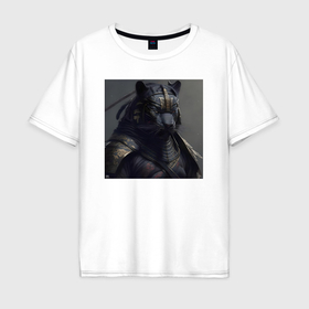 Мужская футболка хлопок Oversize с принтом Пантера  самурай   нейросеть в Екатеринбурге, 100% хлопок | свободный крой, круглый ворот, “спинка” длиннее передней части | 