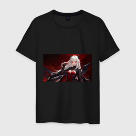 Мужская футболка хлопок с принтом Девушка демон аниме в Санкт-Петербурге, 100% хлопок | прямой крой, круглый вырез горловины, длина до линии бедер, слегка спущенное плечо. | 
