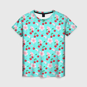 Женская футболка 3D с принтом Паттерн цветущая вишня в Курске, 100% полиэфир ( синтетическое хлопкоподобное полотно) | прямой крой, круглый вырез горловины, длина до линии бедер | 
