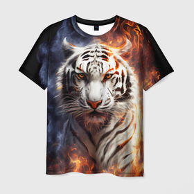 Мужская футболка 3D с принтом Огненный белый тигр в Белгороде, 100% полиэфир | прямой крой, круглый вырез горловины, длина до линии бедер | 