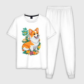 Мужская пижама хлопок с принтом Корги пемброк щенок в Курске, 100% хлопок | брюки и футболка прямого кроя, без карманов, на брюках мягкая резинка на поясе и по низу штанин
 | 
