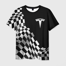 Мужская футболка 3D с принтом Tesla racing flag в Курске, 100% полиэфир | прямой крой, круглый вырез горловины, длина до линии бедер | 