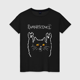 Женская футболка хлопок с принтом Evanescence rock cat в Санкт-Петербурге, 100% хлопок | прямой крой, круглый вырез горловины, длина до линии бедер, слегка спущенное плечо | 