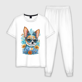 Мужская пижама хлопок с принтом Супер мини щенок чихуахуа в Екатеринбурге, 100% хлопок | брюки и футболка прямого кроя, без карманов, на брюках мягкая резинка на поясе и по низу штанин
 | 